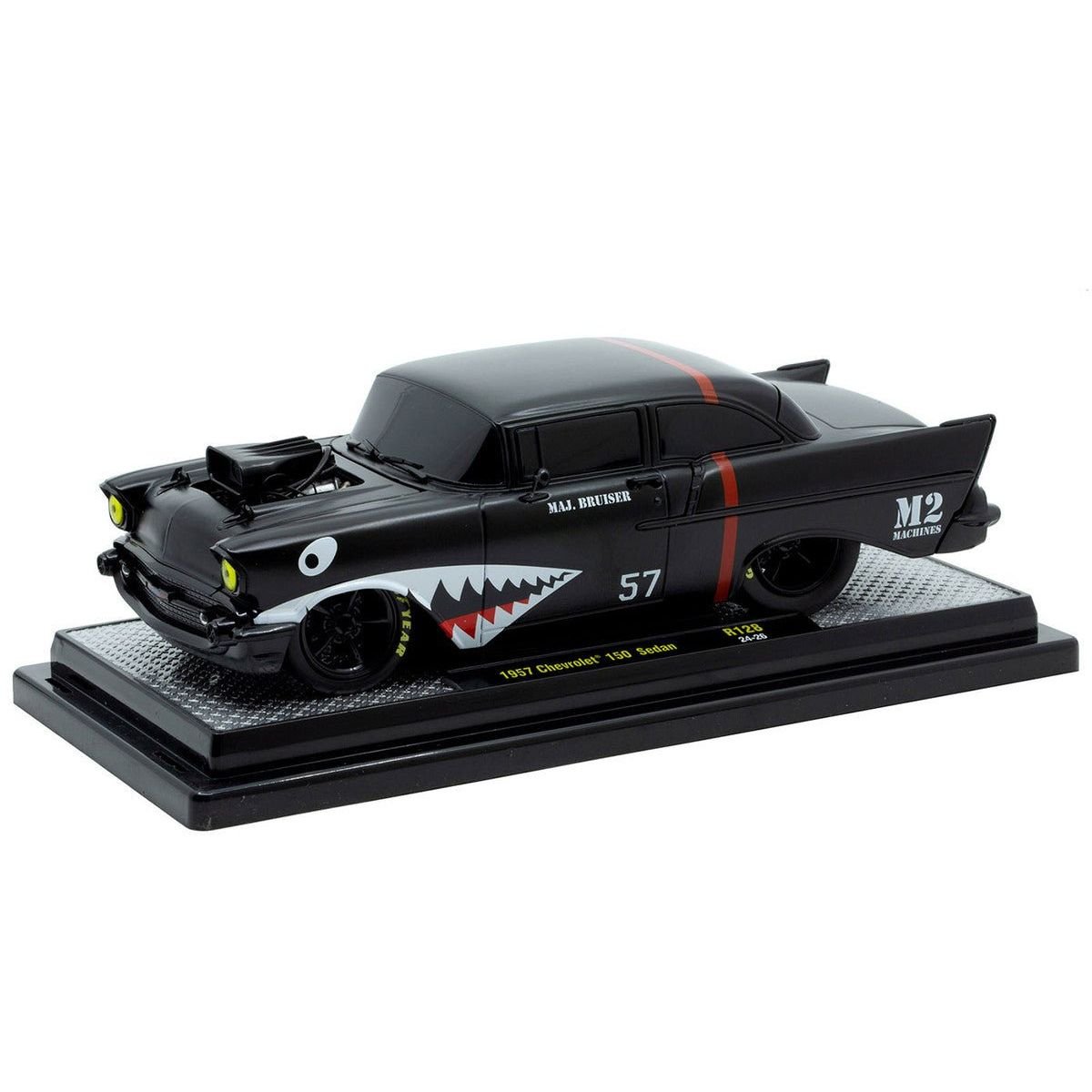 1957 Chevrolet 150 Sedan "Maj. Bruiser" Matt Black with Red Stripe and Shark Mouth Graphics Limited Edition to 6650 pieces Worldwide 1/24 Diecast Model Car by M2 Machines-M2-ModelCars.com