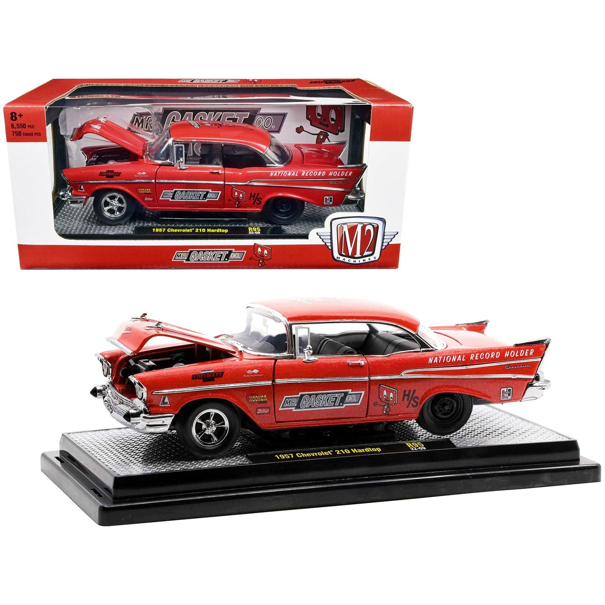 1957 Chevrolet 210 Hardtop Red Heavy Metallic with Graphics "Mr. Gasket Co." Limited Edition to 6550 pieces Worldwide 1/24 Diecast Model Car by M2 Machines-M2-ModelCars.com