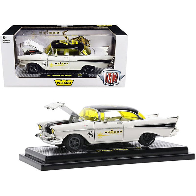1957 Chevrolet 210 Hardtop "Weiand" Colonial Cream and Black with Graphics Limited Edition to 7000 pieces Worldwide 1/24 Diecast Model Car by M2 Machines-M2-ModelCars.com