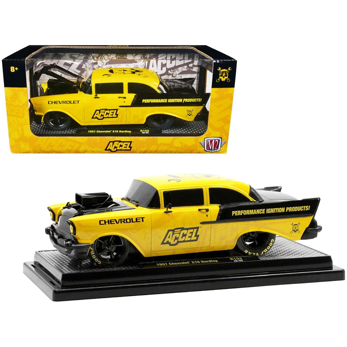 1957 Chevrolet 210 Hardtop Yellow and Black with Graphics "Accel" Limited Edition to 2650 pieces Worldwide 1/24 Diecast Model Car by M2 Machines-M2-ModelCars.com