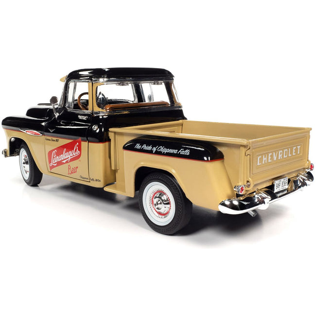 1957 Chevrolet 3100 Stepside Pickup Truck Black and Tan with Graphics "Leinenkugle's Beer The Pride of Chippewa Falls" 1/18 Diecast Model by Auto World-Autoworld-ModelCars.com