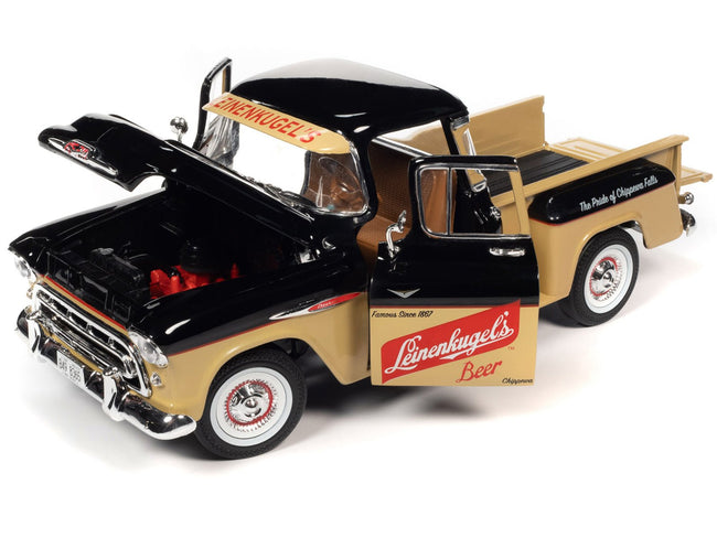 1957 Chevrolet 3100 Stepside Pickup Truck Black and Tan with Graphics "Leinenkugle's Beer The Pride of Chippewa Falls" 1/18 Diecast Model by Auto World-Autoworld-ModelCars.com