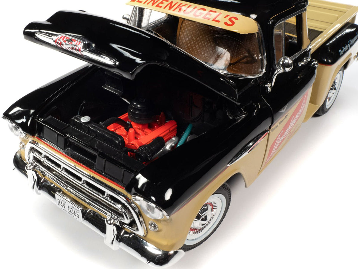 1957 Chevrolet 3100 Stepside Pickup Truck Black and Tan with Graphics "Leinenkugle's Beer The Pride of Chippewa Falls" 1/18 Diecast Model by Auto World-Autoworld-ModelCars.com
