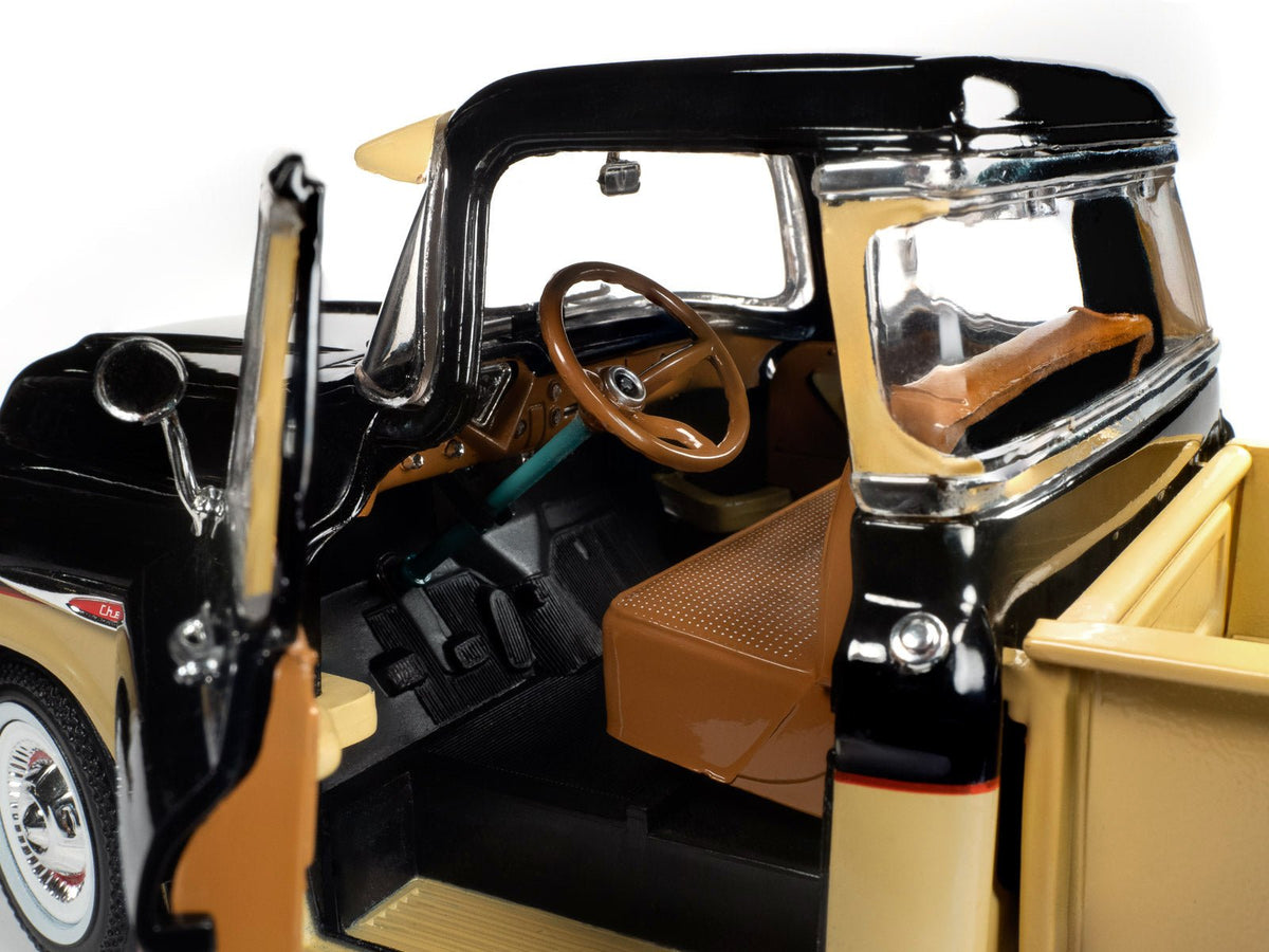 1957 Chevrolet 3100 Stepside Pickup Truck Black and Tan with Graphics "Leinenkugle's Beer The Pride of Chippewa Falls" 1/18 Diecast Model by Auto World-Autoworld-ModelCars.com