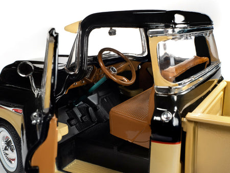 1957 Chevrolet 3100 Stepside Pickup Truck Black and Tan with Graphics "Leinenkugle's Beer The Pride of Chippewa Falls" 1/18 Diecast Model by Auto World-Autoworld-ModelCars.com