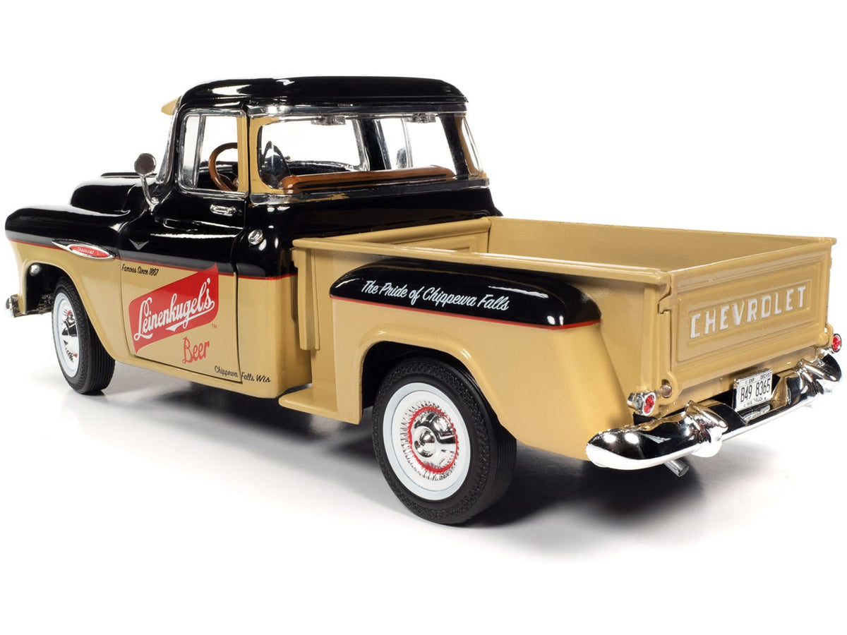 1957 Chevrolet 3100 Stepside Pickup Truck Black and Tan with Graphics "Leinenkugle's Beer The Pride of Chippewa Falls" 1/18 Diecast Model by Auto World-Autoworld-ModelCars.com