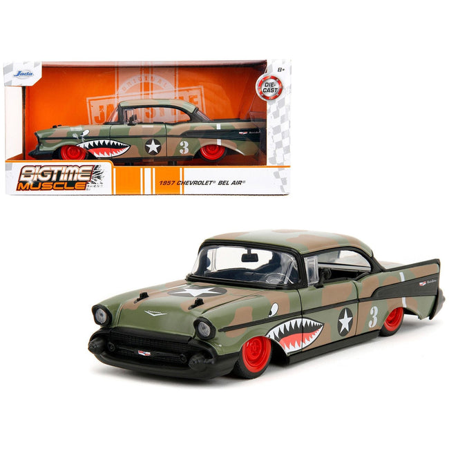 1957 Chevrolet Bel Air 3 Camouflage with Shark Mouth Graphics "Bigtime Muscle" Series 1/24 Diecast Model Car by Jada-Jada-ModelCars.com