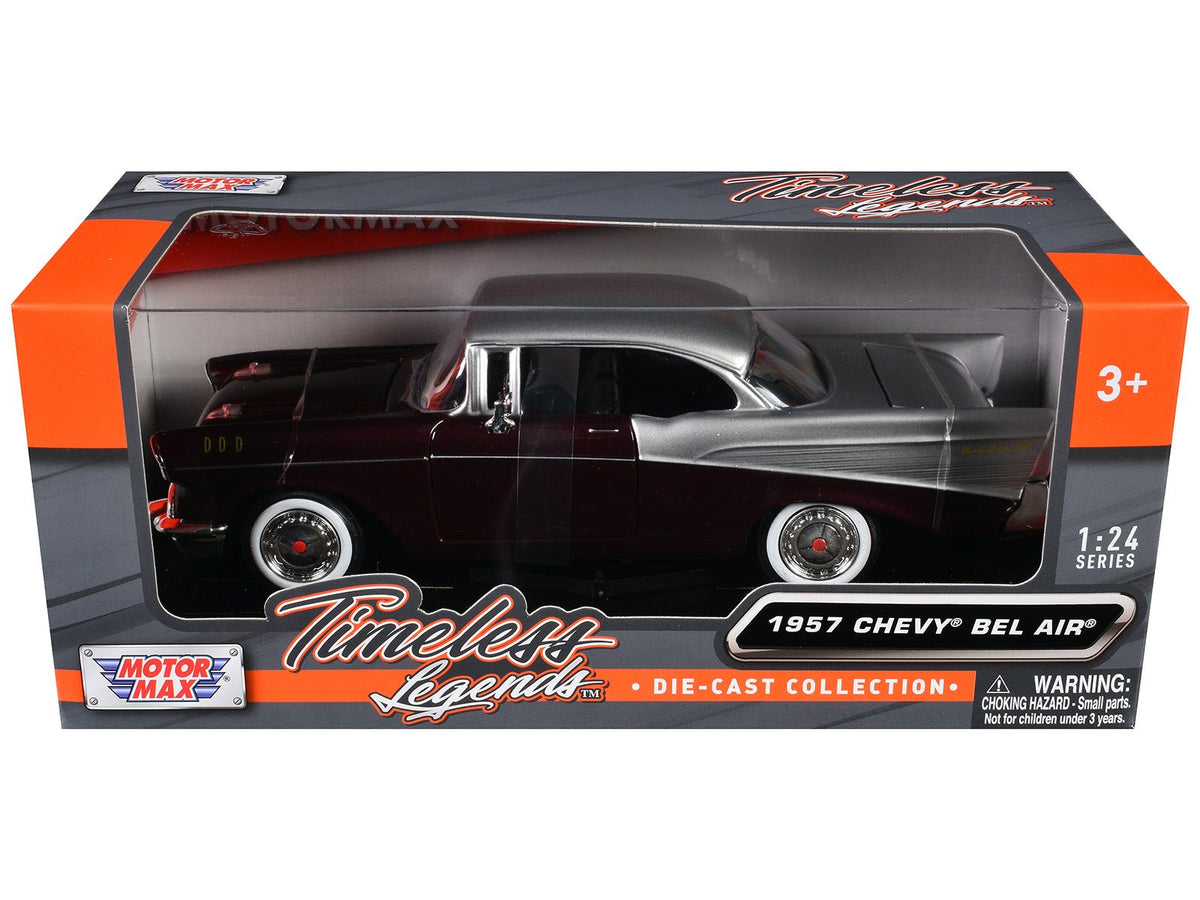 1957 Chevrolet Bel Air Burgundy Metallic and Silver Metallic "Timeless Legends" Series 1/24 Diecast Model Car by Motormax-Motormax-ModelCars.com