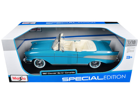 1957 Chevrolet Bel Air Convertible Blue with White Interior "Special Edition" Series 1/18 Diecast Model Car by Maisto-Maisto-ModelCars.com