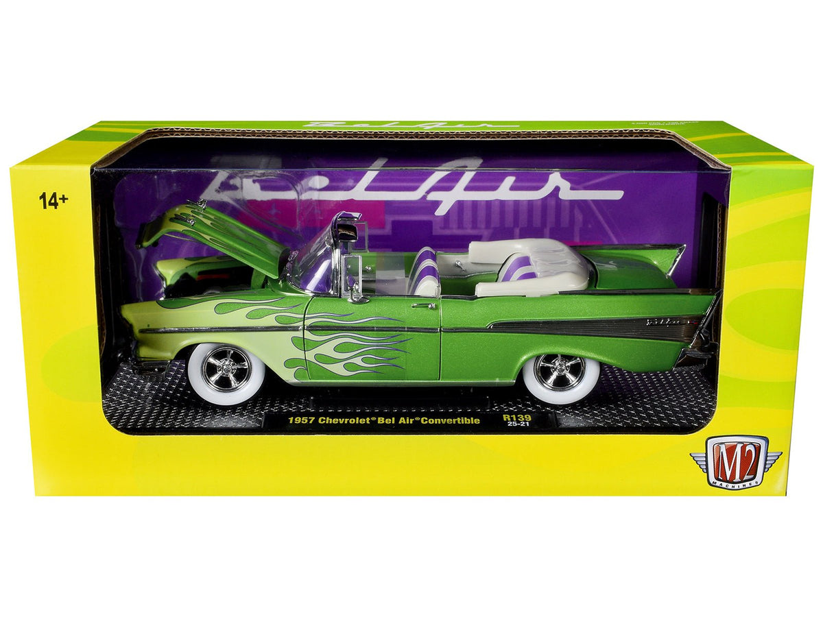 1957 Chevrolet Bel Air Convertible Green Metallic with Flame Graphics and Purple and White Interior Limited Edition to 4050 pieces Worldwide 1/24 Diecast Model Car by M2 Machines-M2-ModelCars.com