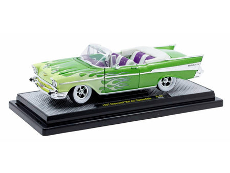 1957 Chevrolet Bel Air Convertible Green Metallic with Flame Graphics and Purple and White Interior Limited Edition to 4050 pieces Worldwide 1/24 Diecast Model Car by M2 Machines-M2-ModelCars.com