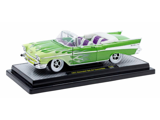 1957 Chevrolet Bel Air Convertible Green Metallic with Flame Graphics and Purple and White Interior Limited Edition to 4050 pieces Worldwide 1/24 Diecast Model Car by M2 Machines-M2-ModelCars.com