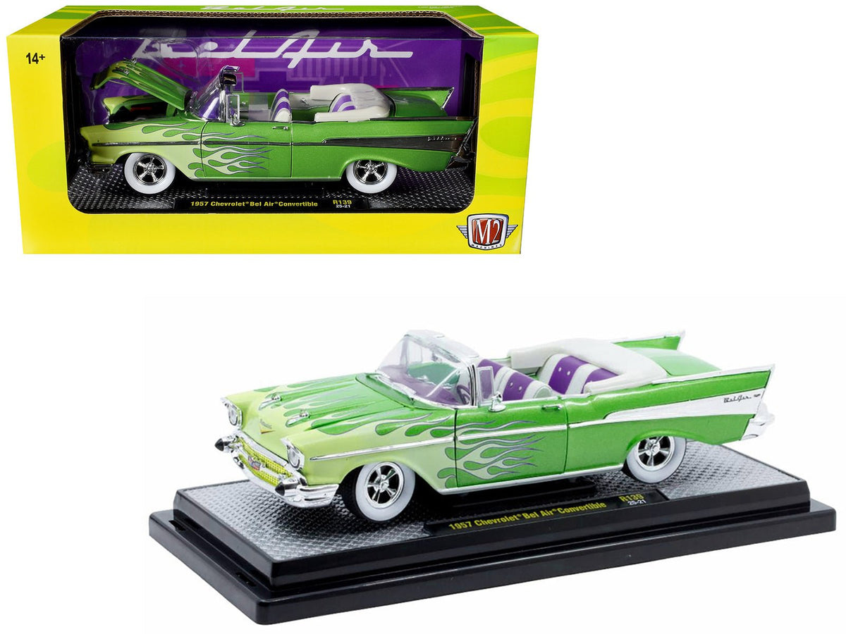 1957 Chevrolet Bel Air Convertible Green Metallic with Flame Graphics and Purple and White Interior Limited Edition to 4050 pieces Worldwide 1/24 Diecast Model Car by M2 Machines-M2-ModelCars.com