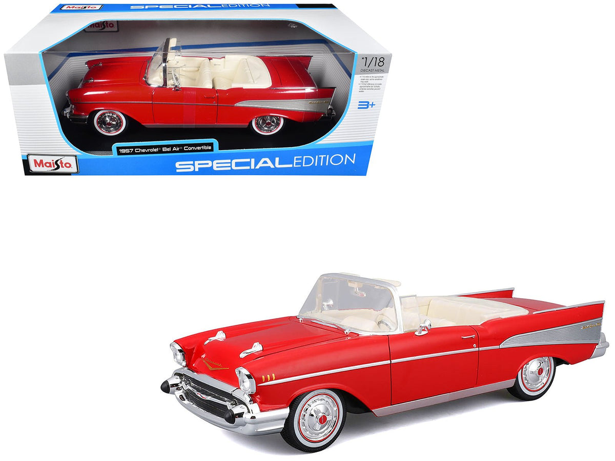 1957 Chevrolet Bel Air Convertible Red with White Interior "Special Edition" Series 1/18 Diecast Model Car by Maisto-Maisto-ModelCars.com