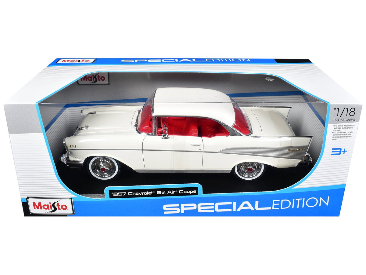 1957 Chevrolet Bel Air Coupe White with Red Interior "Special Edition" Series 1/18 Diecast Model Car by Maisto-Maisto-ModelCars.com