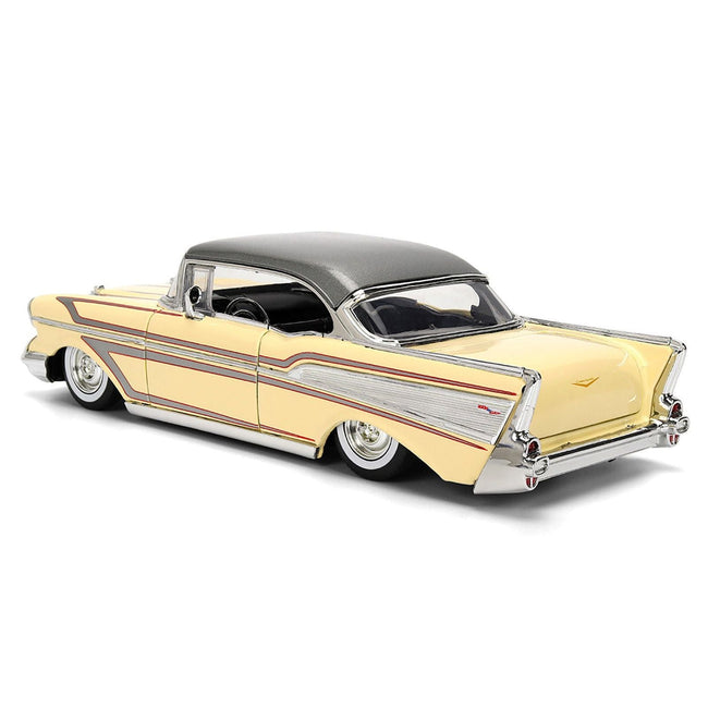 1957 Chevrolet Bel Air Cream with Graphics and Gray Metallic Top "Bigtime Muscle" Series 1/24 Diecast Model Car by Jada-Jada-ModelCars.com