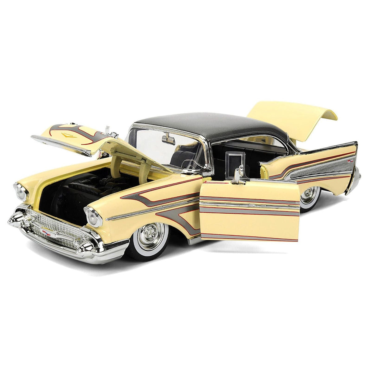 1957 Chevrolet Bel Air Cream with Graphics and Gray Metallic Top "Bigtime Muscle" Series 1/24 Diecast Model Car by Jada-Jada-ModelCars.com
