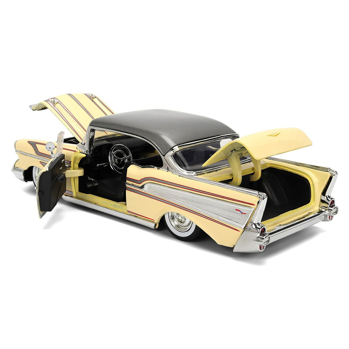 1957 Chevrolet Bel Air Cream with Graphics and Gray Metallic Top "Bigtime Muscle" Series 1/24 Diecast Model Car by Jada - Jada - ModelCars.com