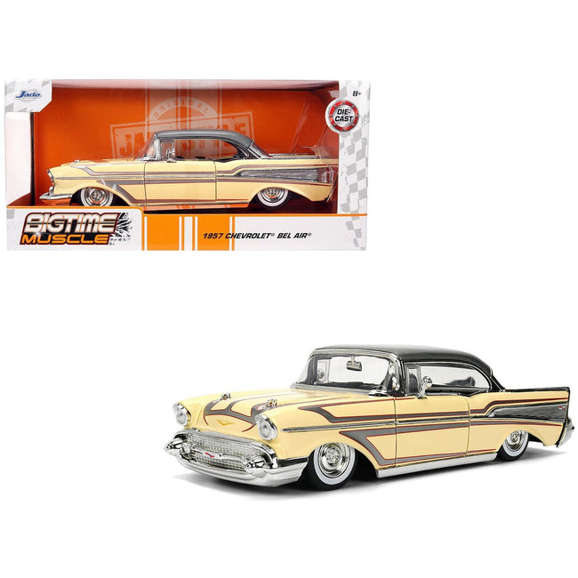 1957 Chevrolet Bel Air Cream with Graphics and Gray Metallic Top "Bigtime Muscle" Series 1/24 Diecast Model Car by Jada-Jada-ModelCars.com