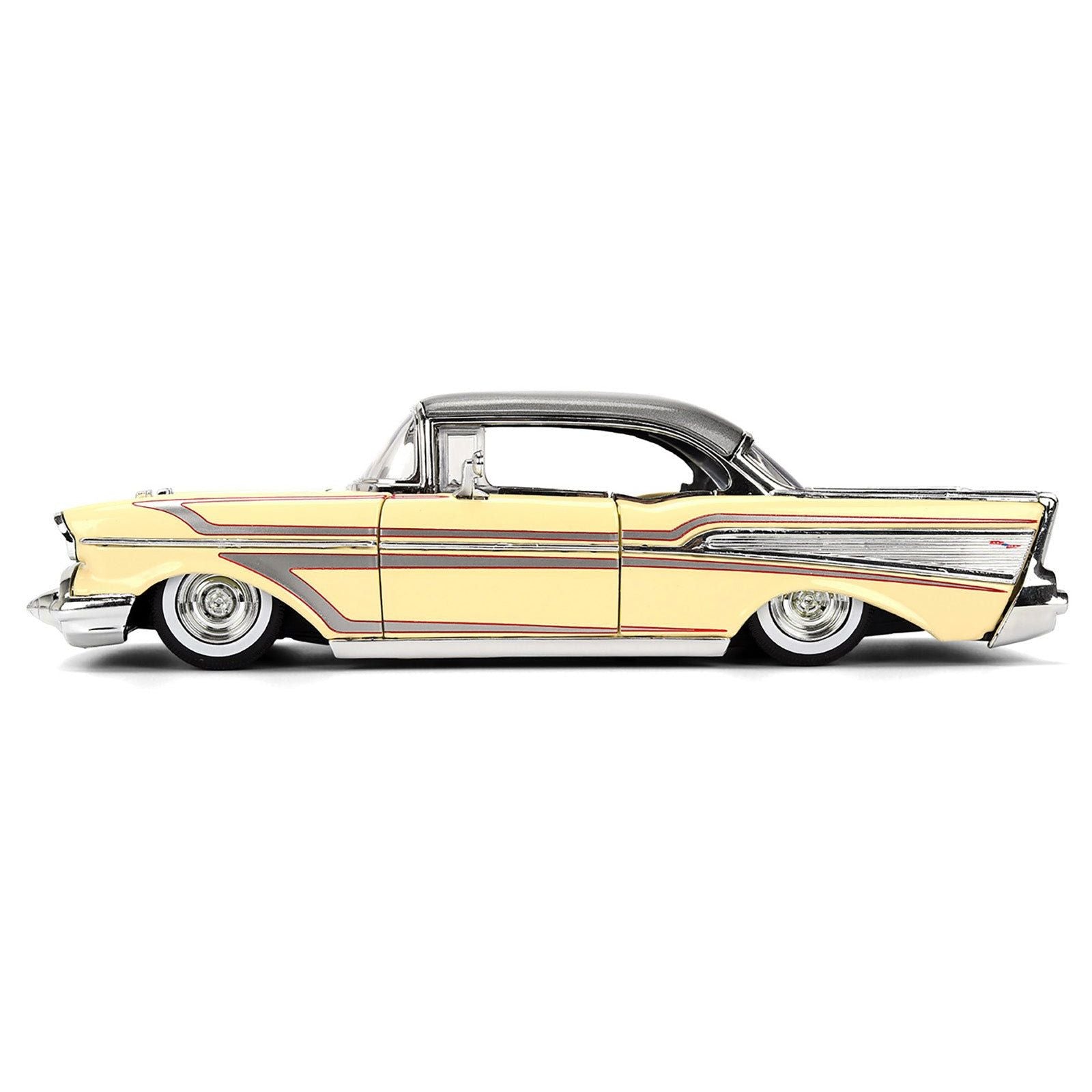 1957 Chevrolet Bel Air Cream with Graphics and Gray Metallic Top "Bigtime Muscle" Series 1/24 Diecast Model Car by Jada - Jada - ModelCars.com