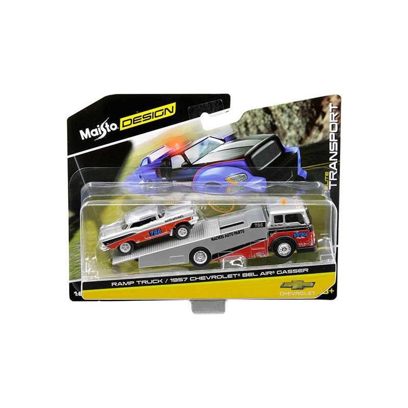 1957 Chevrolet Bel Air Gasser 786 Silver and Red with Ramp Tow Truck "Elite Transport" 1/64 Diecast Models by Maisto - Maisto - ModelCars.com