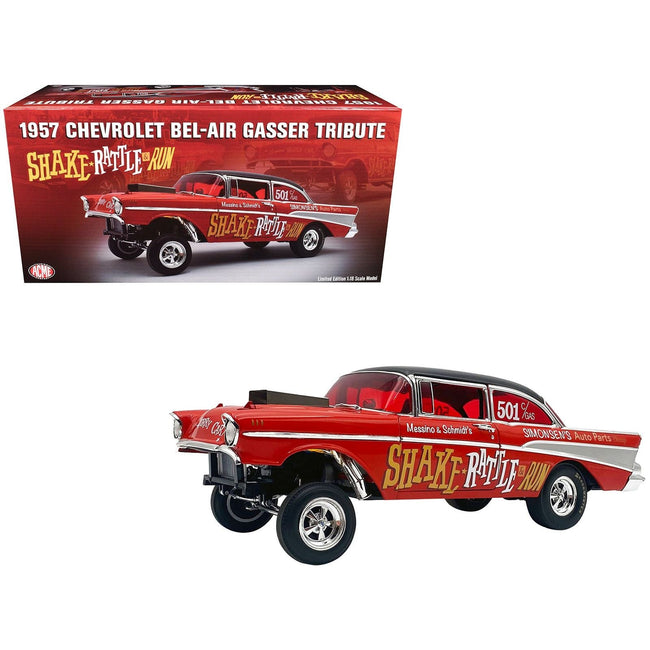 1957 Chevrolet Bel Air Gasser "Shake Rattle & Run Tribute" Red with Black Top and Graphics Limited Edition to 380 pieces Worldwide 1/18 Diecast Model Car by ACME-Acme-ModelCars.com