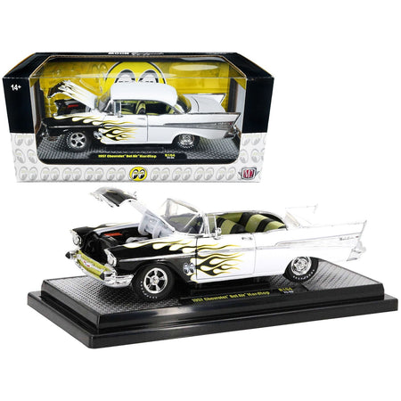 1957 Chevrolet Bel Air Hardtop Bright White with Flames "Mooneyes" Limited Edition to 6450 pieces Worldwide 1/24 Diecast Model Car by M2 Machines - M2 - ModelCars.com