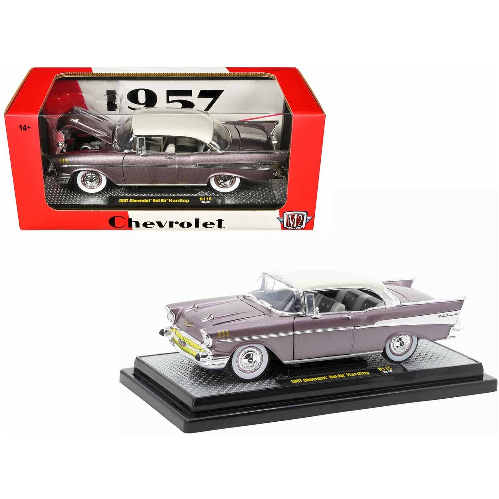 1957 Chevrolet Bel Air Hardtop Purple Metallic with Crean Top Limited Edition to 6250 pieces Worldwide 1/24 Diecast Model Car by M2 Machines - M2 - ModelCars.com