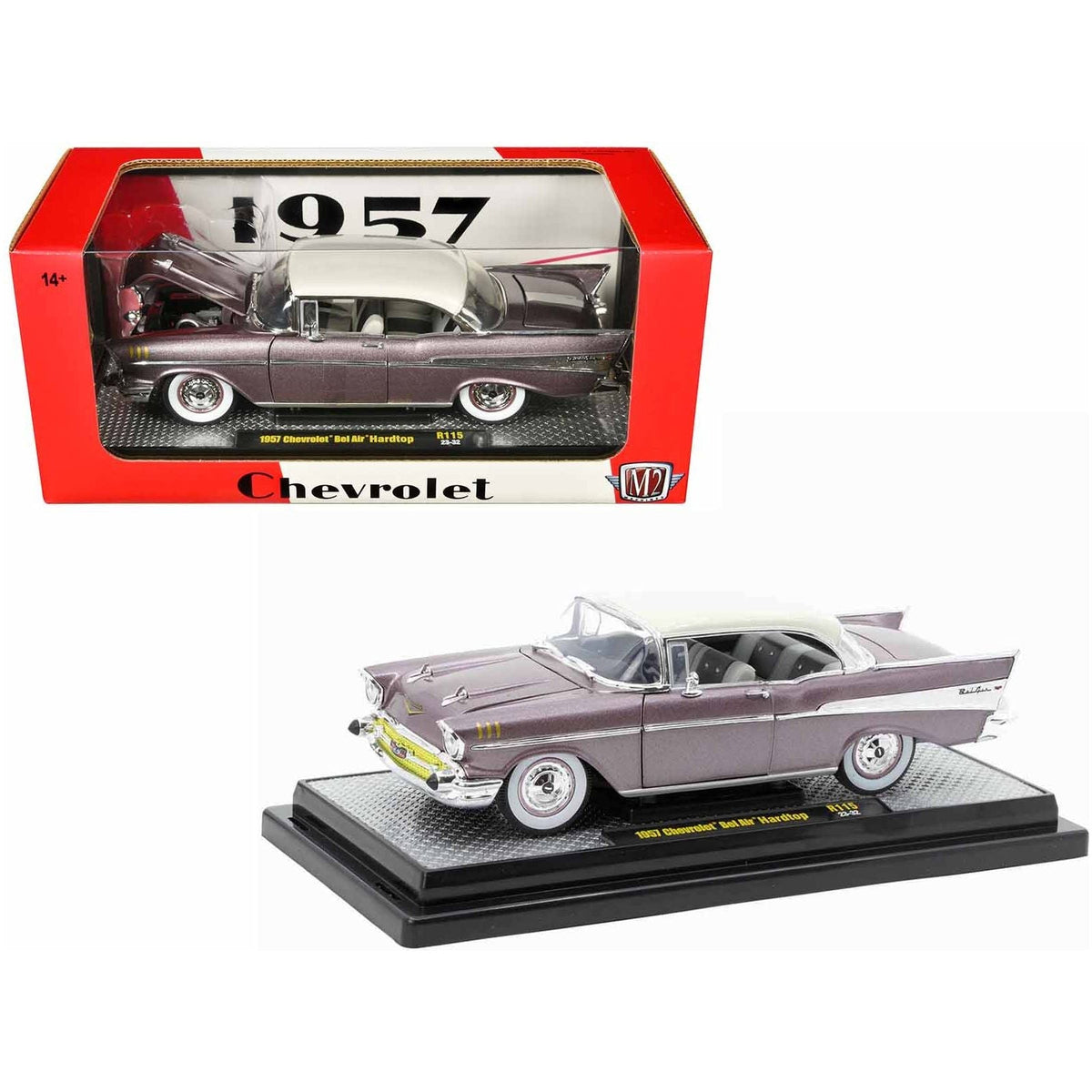 1957 Chevrolet Bel Air Hardtop Purple Metallic with Crean Top Limited Edition to 6250 pieces Worldwide 1/24 Diecast Model Car by M2 Machines-M2-ModelCars.com