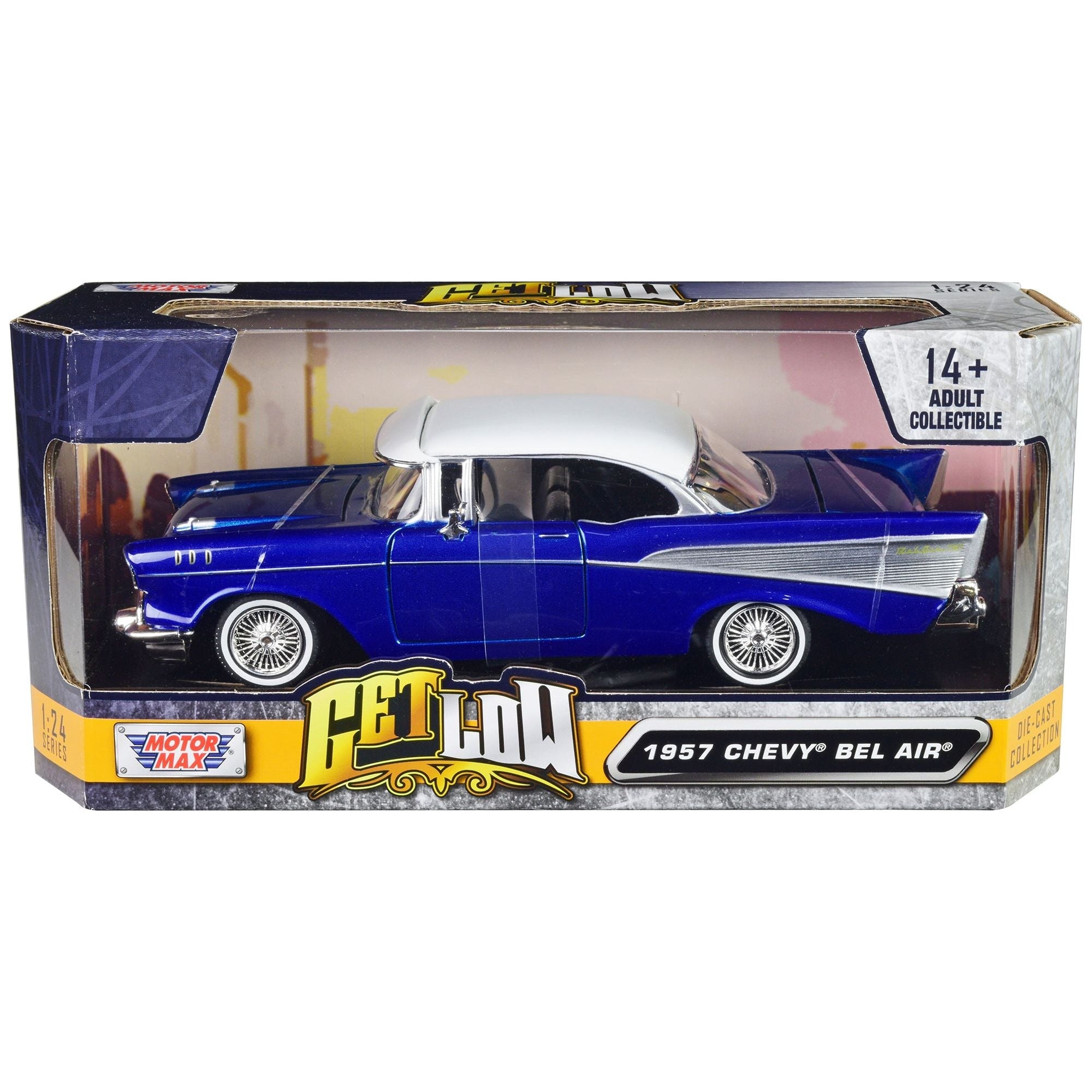 1957 Chevrolet Bel Air Lowrider Candy Blue with White Top "Get Low" Series 1/24 Diecast Model Car by Motormax - Motormax - ModelCars.com