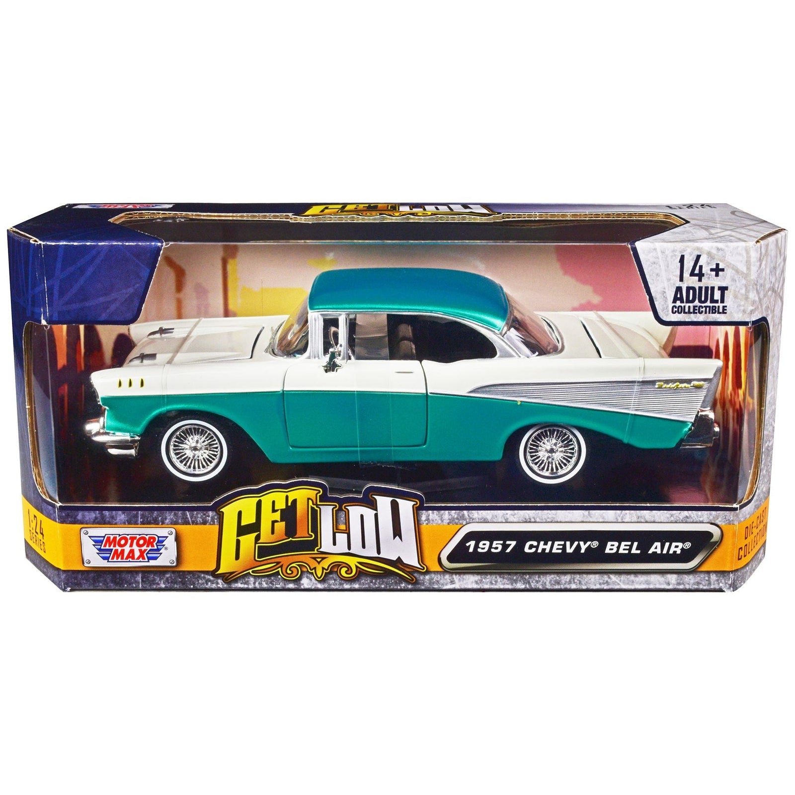 1957 Chevrolet Bel Air Lowrider Turquoise Metallic and White "Get Low" Series 1/24 Diecast Model Car by Motormax - Motormax - ModelCars.com