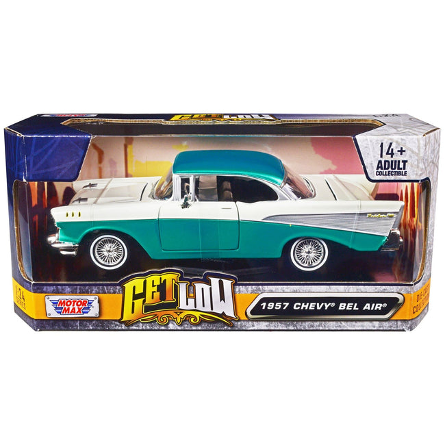 1957 Chevrolet Bel Air Lowrider Turquoise Metallic and White "Get Low" Series 1/24 Diecast Model Car by Motormax - Motormax - ModelCars.com