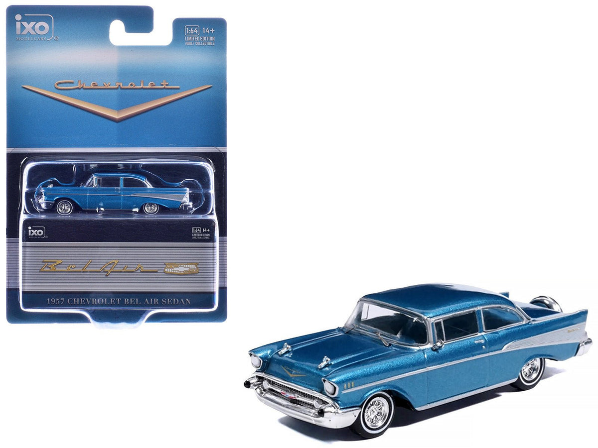1957 Chevrolet Bel Air Sedan Harbor Blue Metallic with Blue Interior 1/64 Diecast Model Car by IXO Models-IXO-ModelCars.com