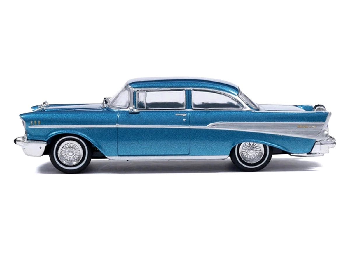 1957 Chevrolet Bel Air Sedan Harbor Blue Metallic with Blue Interior 1/64 Diecast Model Car by IXO Models-IXO-ModelCars.com