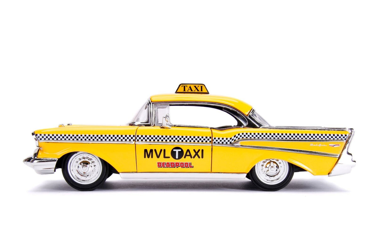 1957 Chevrolet Bel Air Taxi Yellow with Deadpool Diecast Figurine "Marvel" Series 1/24 Diecast Model Car by Jada-Jada-ModelCars.com