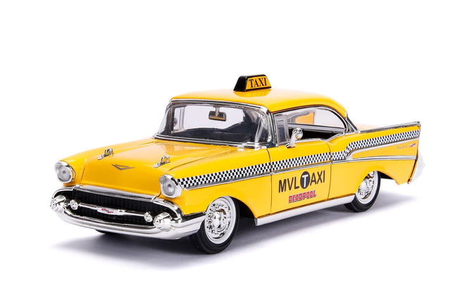 1957 Chevrolet Bel Air Taxi Yellow with Deadpool Diecast Figurine "Marvel" Series 1/24 Diecast Model Car by Jada-Jada-ModelCars.com