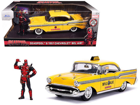 1957 Chevrolet Bel Air Taxi Yellow with Deadpool Diecast Figurine "Marvel" Series 1/24 Diecast Model Car by Jada-Jada-ModelCars.com