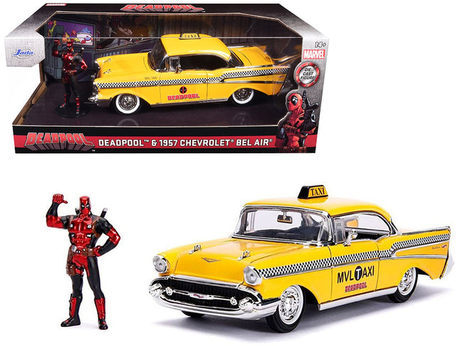 1957 Chevrolet Bel Air Taxi Yellow with Deadpool Diecast Figurine "Marvel" Series 1/24 Diecast Model Car by Jada-Jada-ModelCars.com