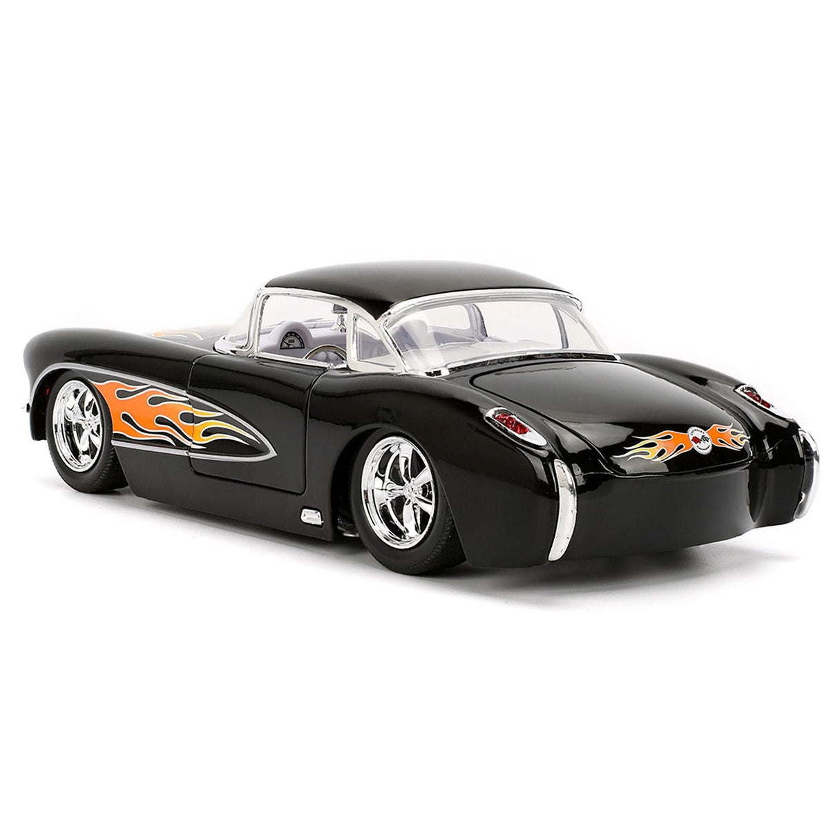 1957 Chevrolet Corvette Black with Flame Graphics and White Interior "Bigtime Muscle" Series 1/24 Diecast Model Car by Jada-Jada-ModelCars.com