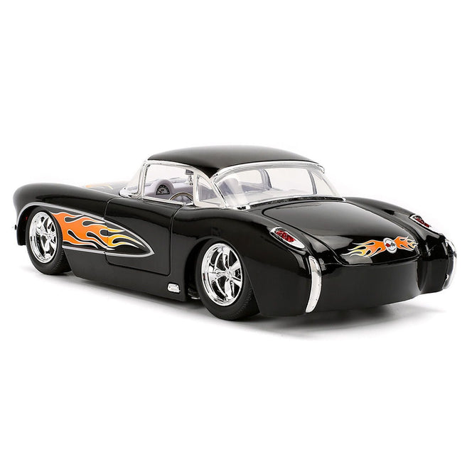 1957 Chevrolet Corvette Black with Flame Graphics and White Interior "Bigtime Muscle" Series 1/24 Diecast Model Car by Jada-Jada-ModelCars.com