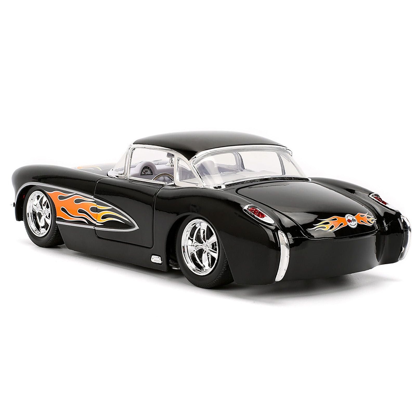 1957 Chevrolet Corvette Black with Flame Graphics and White Interior "Bigtime Muscle" Series 1/24 Diecast Model Car by Jada - Jada - ModelCars.com