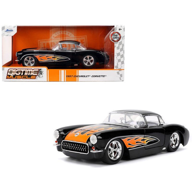 1957 Chevrolet Corvette Black with Flame Graphics and White Interior "Bigtime Muscle" Series 1/24 Diecast Model Car by Jada-Jada-ModelCars.com