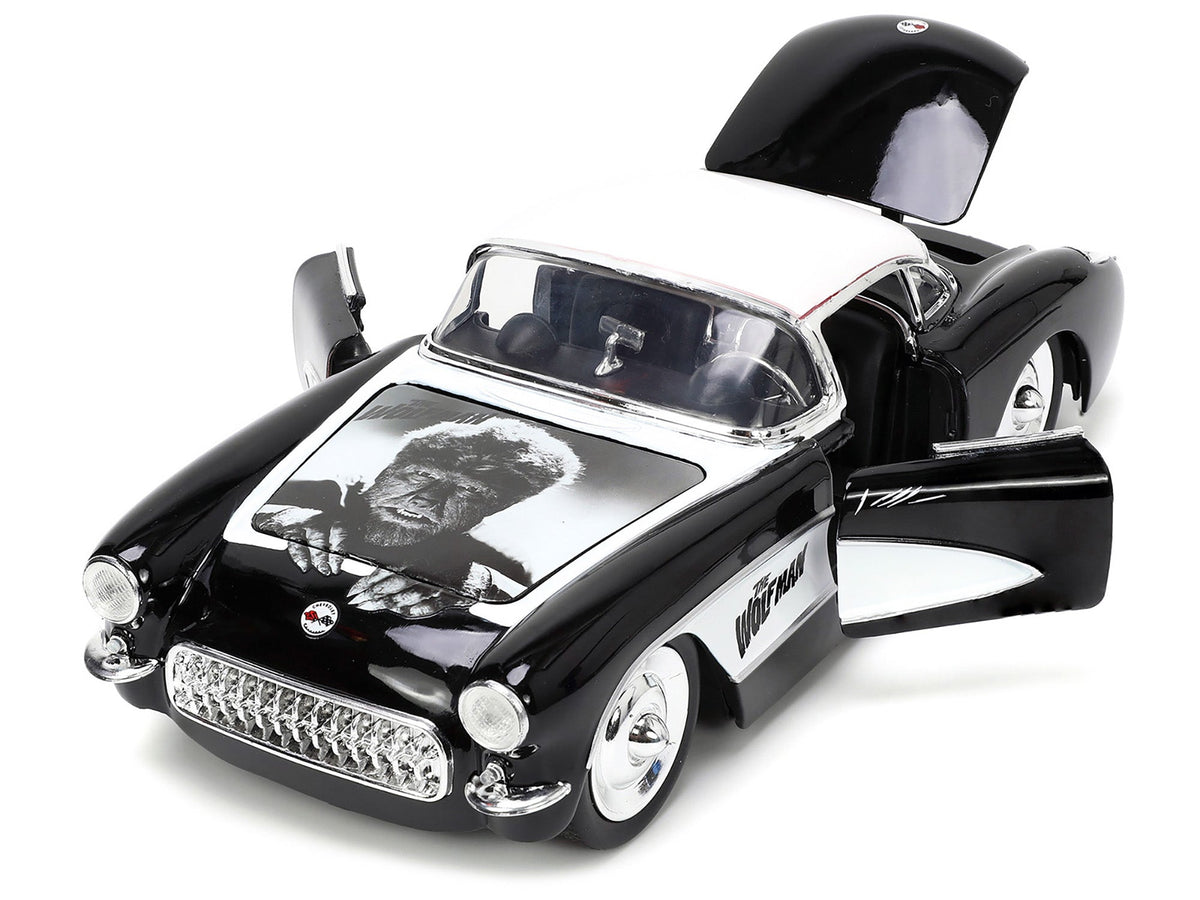 1957 Chevrolet Corvette Black with White Top and Wolfman Diecast Figure "Universal Monsters" "Hollywood Rides" Series 1/24 Diecast Model Car by Jada-Jada-ModelCars.com