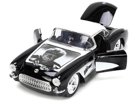 1957 Chevrolet Corvette Black with White Top and Wolfman Diecast Figure "Universal Monsters" "Hollywood Rides" Series 1/24 Diecast Model Car by Jada-Jada-ModelCars.com