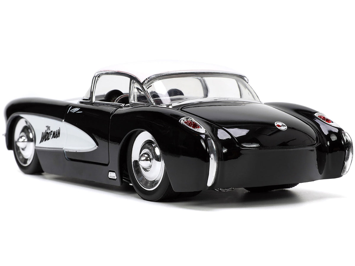 1957 Chevrolet Corvette Black with White Top and Wolfman Diecast Figure "Universal Monsters" "Hollywood Rides" Series 1/24 Diecast Model Car by Jada-Jada-ModelCars.com
