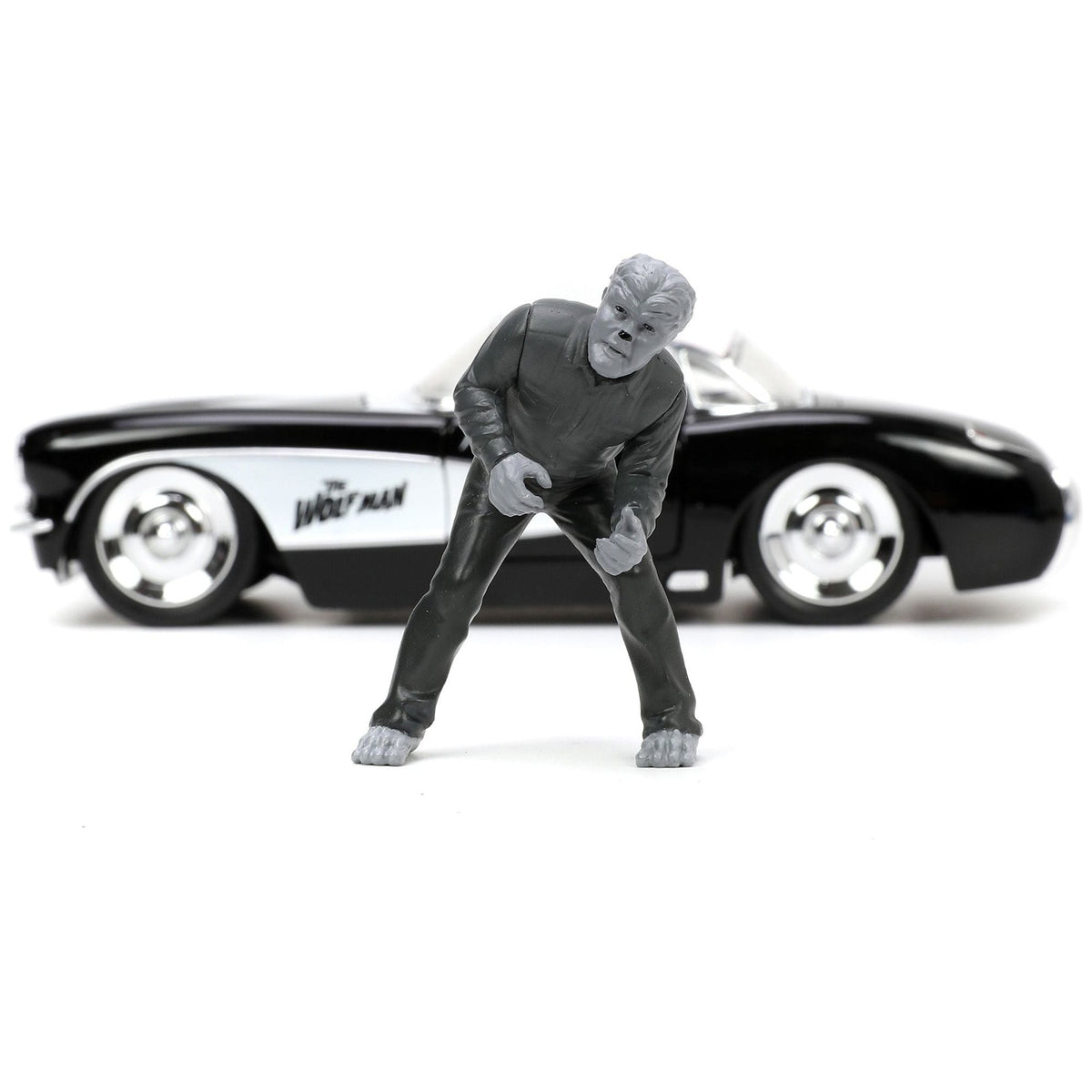 1957 Chevrolet Corvette Black with White Top and Wolfman Diecast Figure "Universal Monsters" "Hollywood Rides" Series 1/24 Diecast Model Car by Jada-Jada-ModelCars.com