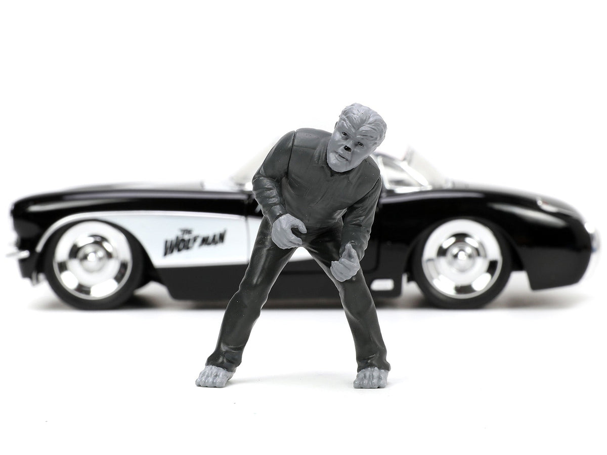 1957 Chevrolet Corvette Black with White Top and Wolfman Diecast Figure "Universal Monsters" "Hollywood Rides" Series 1/24 Diecast Model Car by Jada-Jada-ModelCars.com