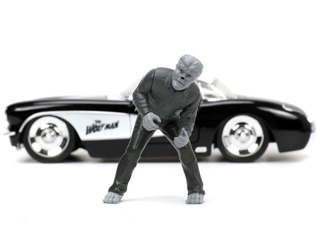 1957 Chevrolet Corvette Black with White Top and Wolfman Diecast Figure "Universal Monsters" "Hollywood Rides" Series 1/24 Diecast Model Car by Jada-Jada-ModelCars.com