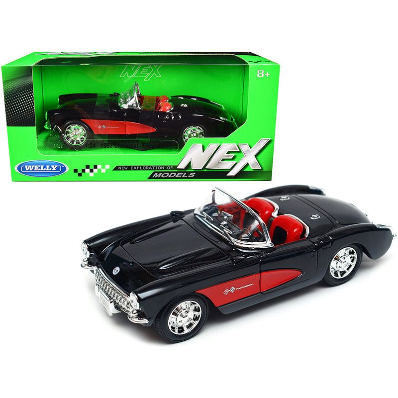 1957 Chevrolet Corvette Convertible Black and Red with Red Interior "NEX Models" 1/24 Diecast Model Car by Welly - Welly - ModelCars.com