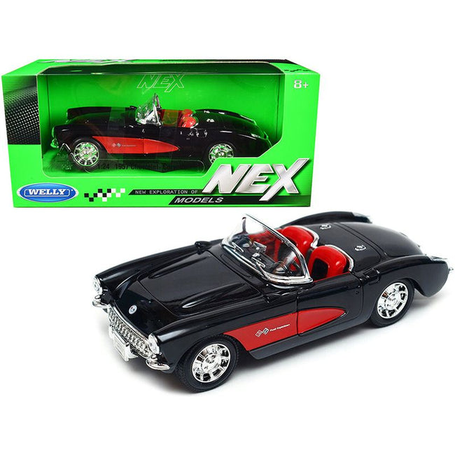 1957 Chevrolet Corvette Convertible Black and Red with Red Interior "NEX Models" 1/24 Diecast Model Car by Welly - Welly - ModelCars.com
